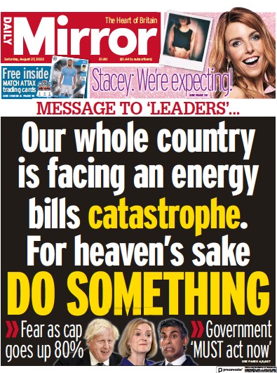 Daily Mirror Newspaper Front Page (UK) for 27 August 2022