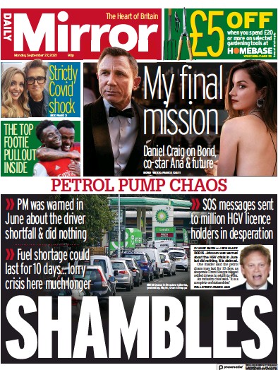Daily Mirror Newspaper Front Page (UK) for 27 September 2021