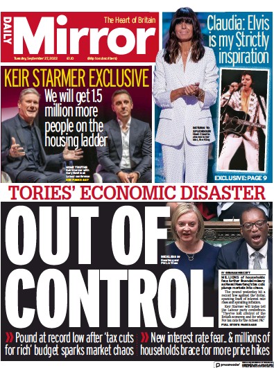 Daily Mirror Newspaper Front Page (UK) for 27 September 2022