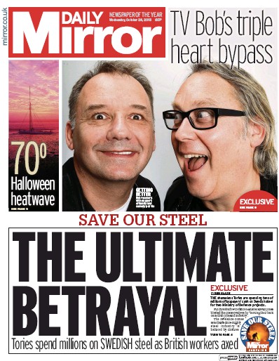 Daily Mirror Newspaper Front Page (UK) for 28 October 2015
