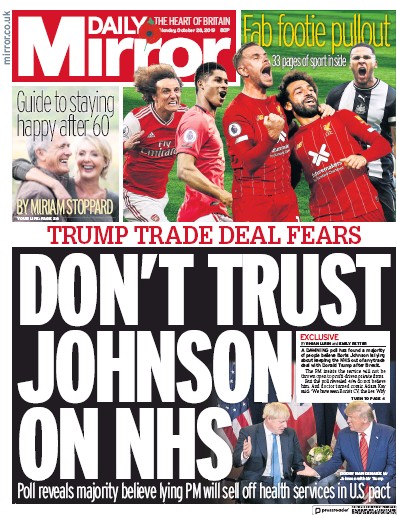 Daily Mirror Newspaper Front Page (UK) for 28 October 2019