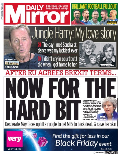Daily Mirror Newspaper Front Page (UK) for 28 November 2018