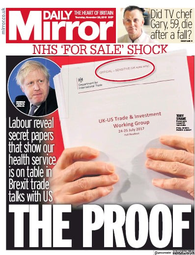 Daily Mirror Newspaper Front Page (UK) for 28 November 2019