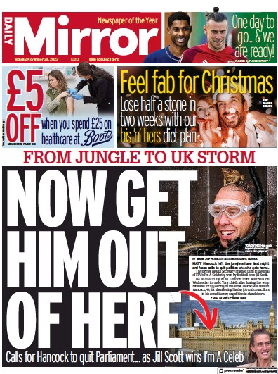 Daily Mirror Newspaper Front Page (UK) for 28 November 2022