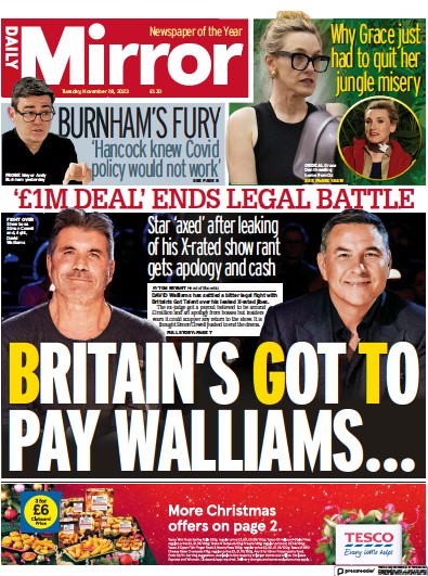 Daily Mirror Newspaper Front Page (UK) for 28 November 2023