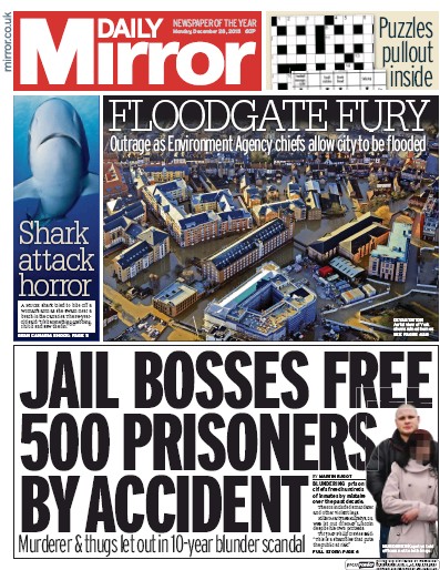 Daily Mirror Newspaper Front Page (UK) for 28 December 2015