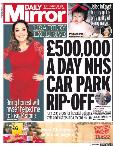 Daily Mirror Newspaper Front Page (UK) for 28 December 2017