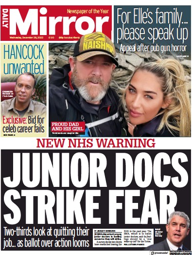 Daily Mirror Newspaper Front Page (UK) for 28 December 2022