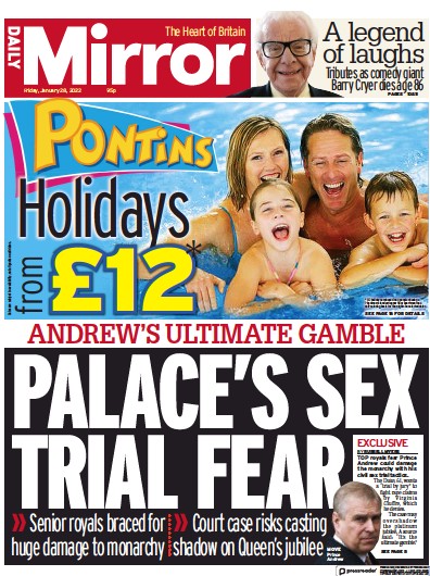 Daily Mirror Newspaper Front Page (UK) for 28 January 2022