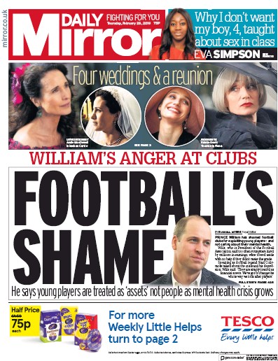 Daily Mirror Newspaper Front Page (UK) for 28 February 2019