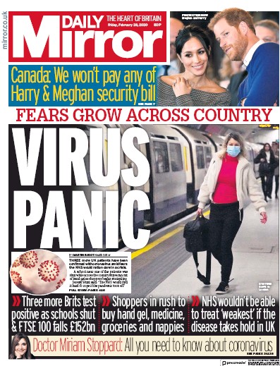 Daily Mirror Newspaper Front Page (UK) for 28 February 2020