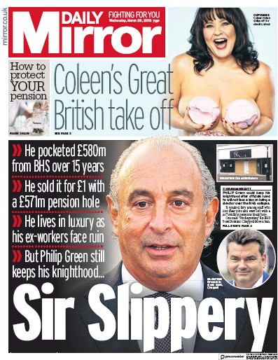 Daily Mirror Newspaper Front Page (UK) for 28 March 2018