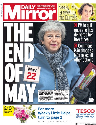 Daily Mirror Newspaper Front Page (UK) for 28 March 2019