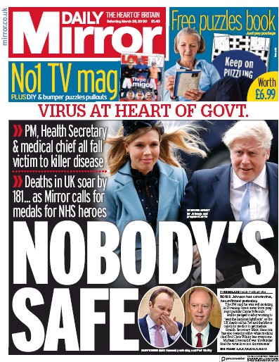 Daily Mirror Newspaper Front Page (UK) for 28 March 2020