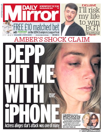 Daily Mirror Newspaper Front Page (UK) for 28 May 2016