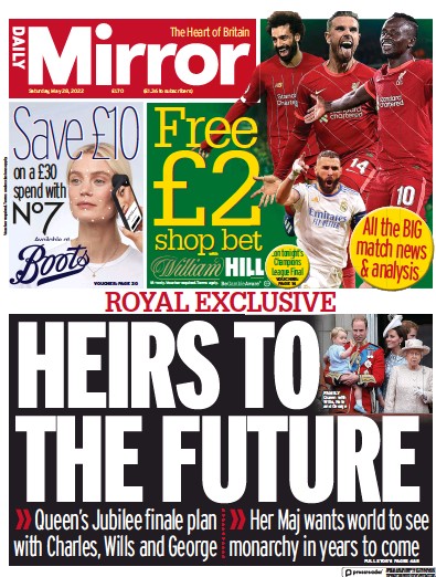 Daily Mirror Newspaper Front Page (UK) for 28 May 2022