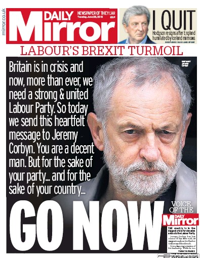 Daily Mirror Newspaper Front Page (UK) for 28 June 2016