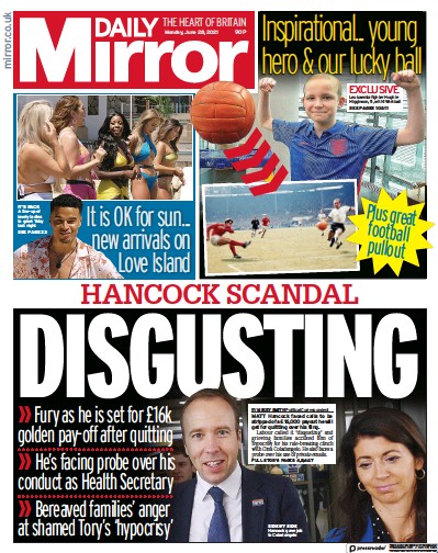 Daily Mirror Newspaper Front Page (UK) for 28 June 2021
