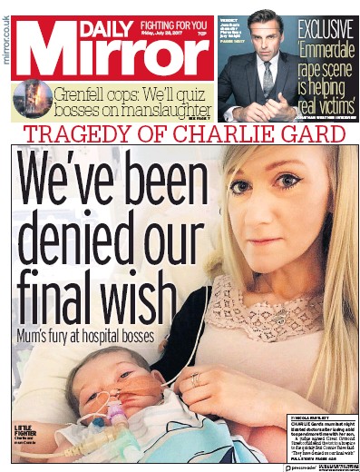 Daily Mirror Newspaper Front Page (UK) for 28 July 2017