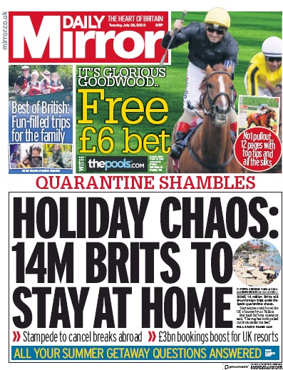 Daily Mirror Newspaper Front Page (UK) for 28 July 2020
