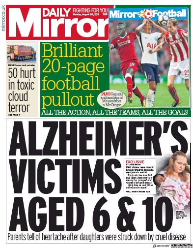 Daily Mirror Newspaper Front Page (UK) for 28 August 2017