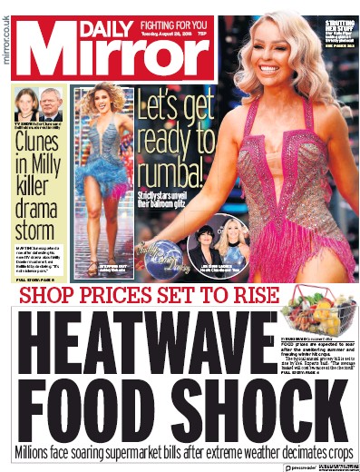 Daily Mirror Newspaper Front Page (UK) for 28 August 2018