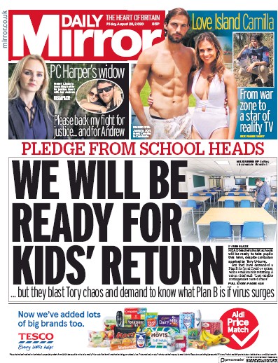 Daily Mirror Newspaper Front Page (UK) for 28 August 2020