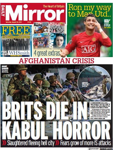 Daily Mirror Newspaper Front Page (UK) for 28 August 2021