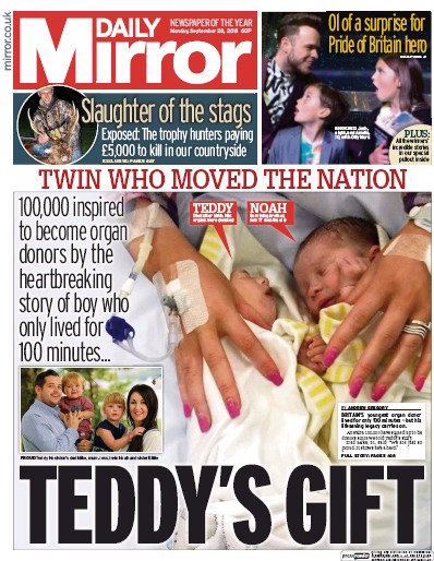 Daily Mirror Newspaper Front Page (UK) for 28 September 2015