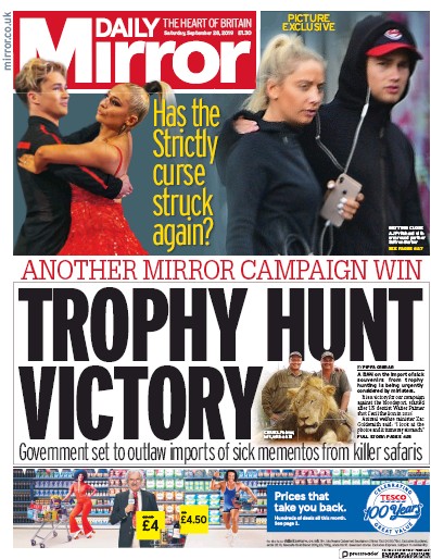Daily Mirror Newspaper Front Page (UK) for 28 September 2019