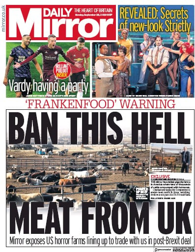 Daily Mirror Newspaper Front Page (UK) for 28 September 2020
