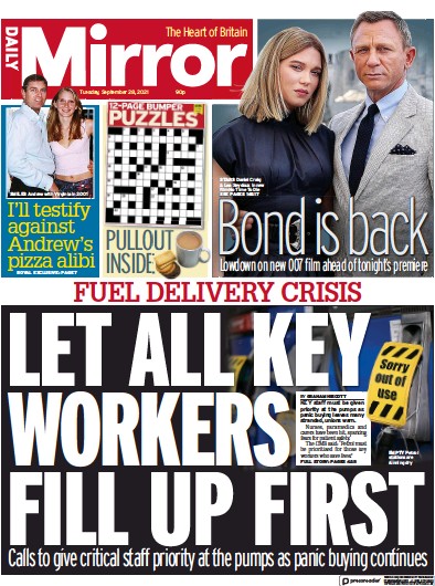 Daily Mirror Newspaper Front Page (UK) for 28 September 2021
