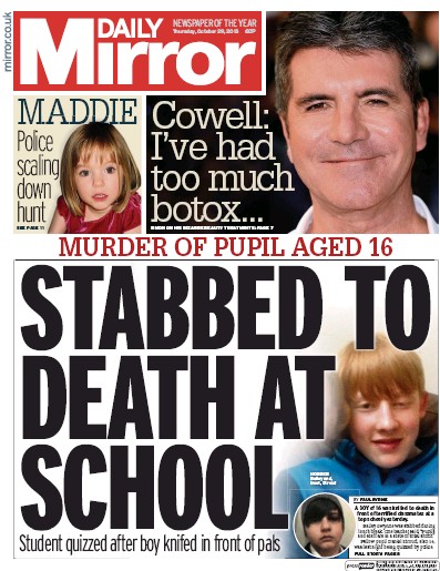 Daily Mirror Newspaper Front Page (UK) for 29 October 2015