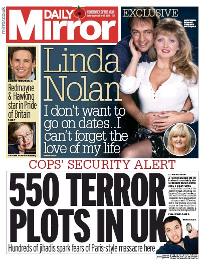 Daily Mirror Newspaper Front Page (UK) for 29 October 2016