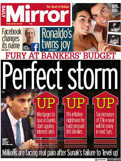 Daily Mirror Newspaper Front Page (UK) for 29 October 2021