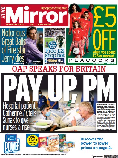 Daily Mirror Newspaper Front Page (UK) for 29 October 2022