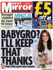 Daily Mirror Newspaper Front Page (UK) for 29 November 2012
