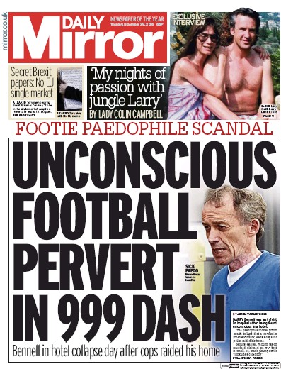 Daily Mirror Newspaper Front Page (UK) for 29 November 2016