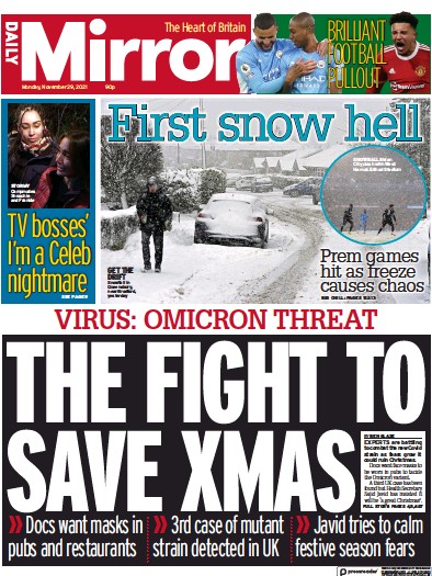 Daily Mirror Newspaper Front Page (UK) for 29 November 2021
