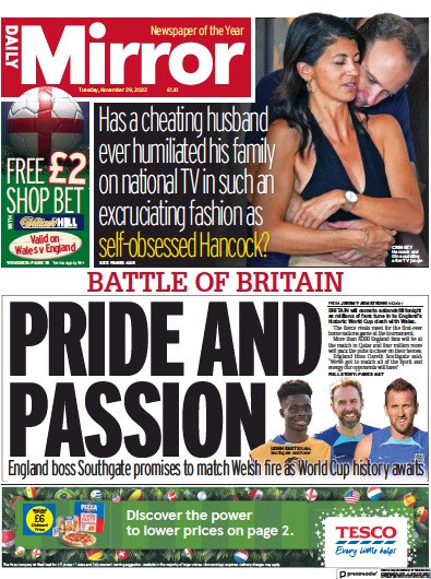Daily Mirror Newspaper Front Page (UK) for 29 November 2022