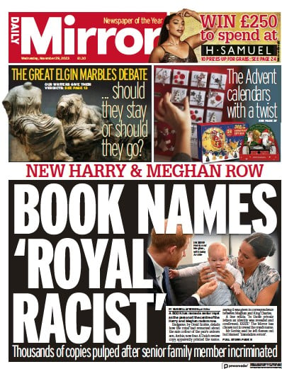 Daily Mirror Newspaper Front Page (UK) for 29 November 2023