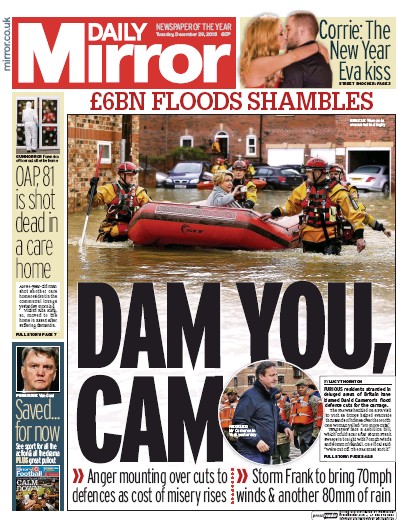Daily Mirror Newspaper Front Page (UK) for 29 December 2015