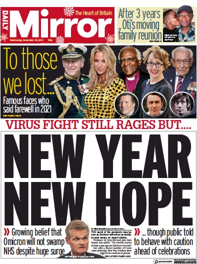 Daily Mirror Newspaper Front Page (UK) for 29 December 2021