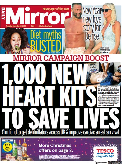 Daily Mirror Newspaper Front Page (UK) for 29 December 2022