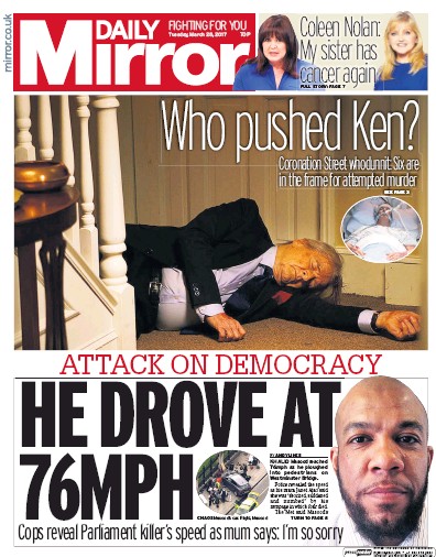 Daily Mirror Newspaper Front Page (UK) for 29 March 2017