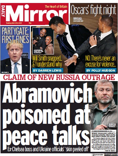 Daily Mirror Newspaper Front Page (UK) for 29 March 2022