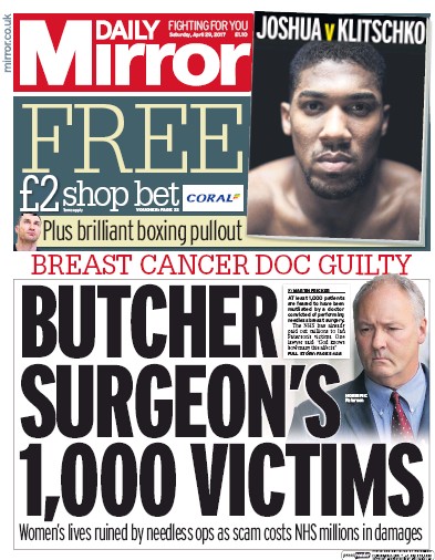 Daily Mirror Newspaper Front Page (UK) for 29 April 2017