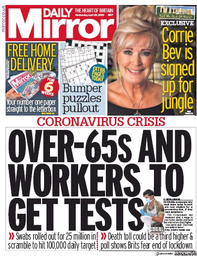 Daily Mirror Newspaper Front Page (UK) for 29 April 2020