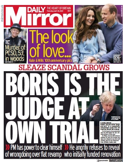 Daily Mirror Newspaper Front Page (UK) for 29 April 2021
