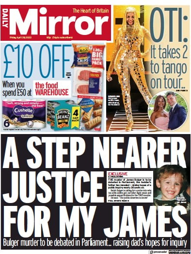 Daily Mirror Newspaper Front Page (UK) for 29 April 2022